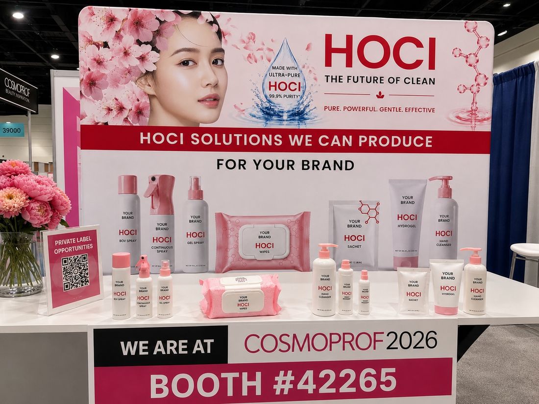 EcoloxTech private-label HOCl range on the stand at Cosmoprof 2026 &mdash; box spray, continuous spray, gel spray, wipes, sachet, hydrogel and hand cleanser, each shown under a customer brand